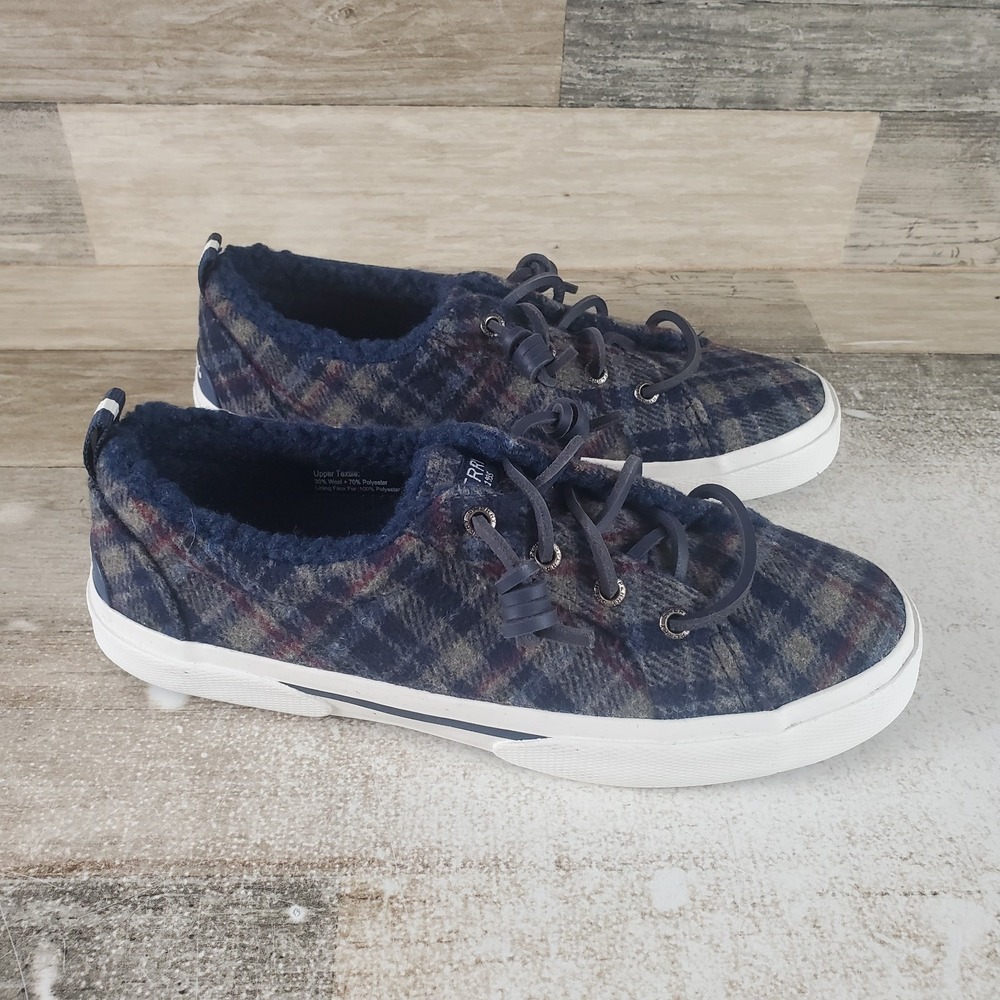 Sperry Top Sider Pier Wave LTT Teddy Wool Womens Shoes Sz 5.5 Navy Plaid Sneaker